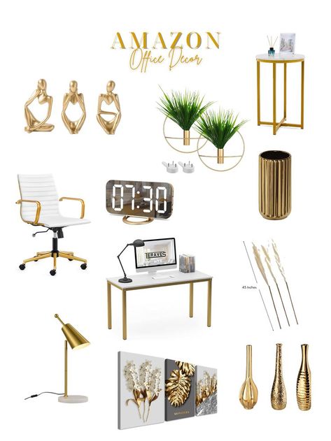 Decor | Amazon Must Haves White And Gold Office Decor Work Spaces, Chic Office Wall Decor, Black White Grey Gold Office, Black White And Gold Home Office, Gold Apartment Aesthetic, Feminine Executive Office, Man Office Ideas Small Spaces, Gold Accent Office, Office With Gold Accents