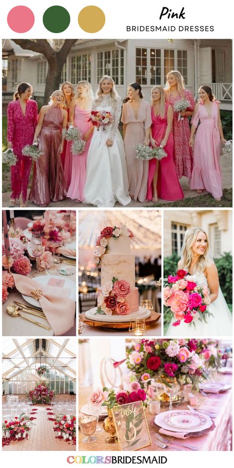 Hot pink bridesmaid dresses on sale under $100, in 600+ custom-made styles and all sizes, white bridal gown, different shades of pink flower bouquet, wedding centerpieces, wedding cake décor and wedding aisle décor. #colsbm #bridesmaids #bridesmaiddresses #weddingideas #pinkwedding #hotpinkwedding #weddingcake #bouquet #weddingaisle #weddingtablecloth #weddingcenterpieces #hotpinkdress b2278 Different Shades Of Pink Bouquet, Wedding With Pink Color Schemes, Shades Of Pink Bridal Party, Hot Pink And Gold Wedding Theme, Shades Of Pink Bridal Bouquet, Hot Pink Wedding Color Palette, Shades Of Pink Wedding Decor, Pink Wedding Bridal Party, Pink Wedding Shoes Brides