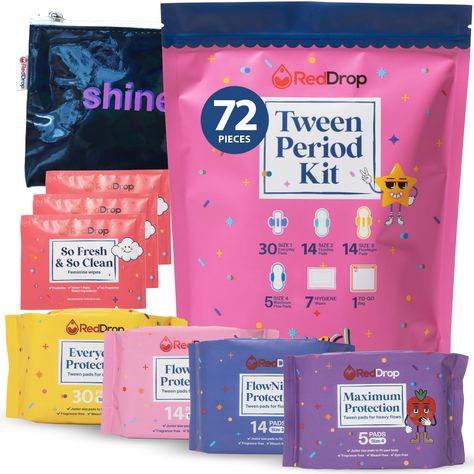 PRICES MAY VARY. Ready for Anything: Our RedDrop period kits for girls 10-12 are packed with leakproof, multi-absorbency pads to ensure your tween feels super supported, whether she's at school or playing sports. Just Her Size: Regular pads can be a drag. That’s why our girls first period kit is perfectly sized for tweens. They're comfy, absorbent, and just right for young movers and shakers! 72-Piece Period Pack: Everything she needs in one fab kit! 30 everyday pads, 14 FlowDay & 14 FlowNight p My First Period Kit Daughters, Period Basket For Daughter, First Period Gift Ideas, First Period Kit Daughters, Period Kits For Middle School, Period Basket, Teen Period Kit, Alcohol Basket, Period Supplies