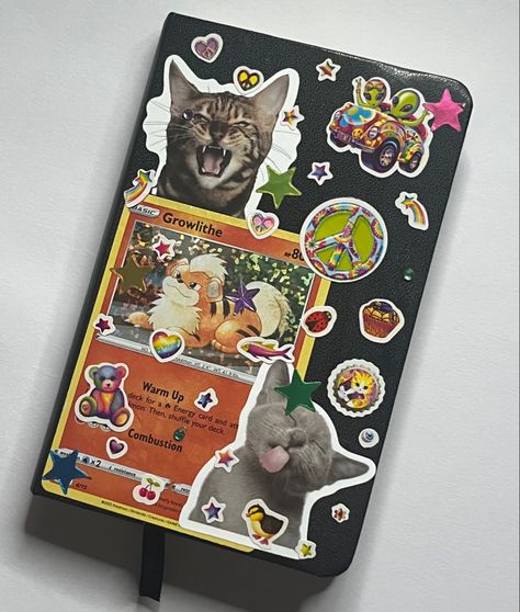 Journal With Stickers On Cover, Sticker Sketchbook Cover, Decorating Sketchbook Cover Ideas, Sketch Book Ideas Cover, Stickers On Sketchbook, School Notebook Ideas Cover, Sketch Book Decoration Ideas, Stickers On Notebook, Sketchbook Covers Ideas