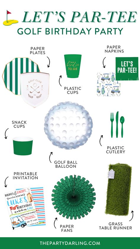 A collage of golf party decorations, including plates, napkins, cups, a balloon, and a printable invitation for a golf birthday party. Golf Party For Men, 50th Golf Birthday Ideas, Golf Baby Shower Games, 30th Birthday Ideas For Men Golf, Four Tee Golf Party, Fore Golf Theme Birthday, Par Tee Golf Party, Golf 30th Birthday Party, Golf Birthday Party For Men