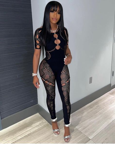 Instagram Mesh Jumpsuit Outfit Black, Sheer Jumpsuit Outfit, Mesh Jumpsuit Outfit, Black Mesh Jumpsuit, Bodycon Romper Jumpsuit, Trip Fashion, Drake Concert, Guys Trip, Embellished Jumpsuit