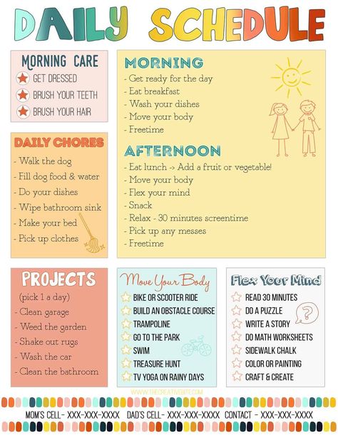 Summer Daily Chores For Kids, Diy Schedule Board Daily Routines, Kids Summer Cleaning Schedule, Daily Family Schedule Routine Chart, Summer Break Routine For Kids, Parent Schedule Daily Routines, Summer Daily Schedule For Kids At Home, Mom Chore Chart Daily Routines, Summer Activity Schedule For Kids