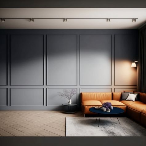 Wide Wall Paneling, Wainscoting Full Wall Living Room, Panel Wall Behind Sofa, Wall Trim High Ceiling, Large Accent Wall Living Room Vaulted Ceiling, Modern Waynes Coating, Office Wall Molding, Modern Wall Trim Ideas, Modern Trim Moldings