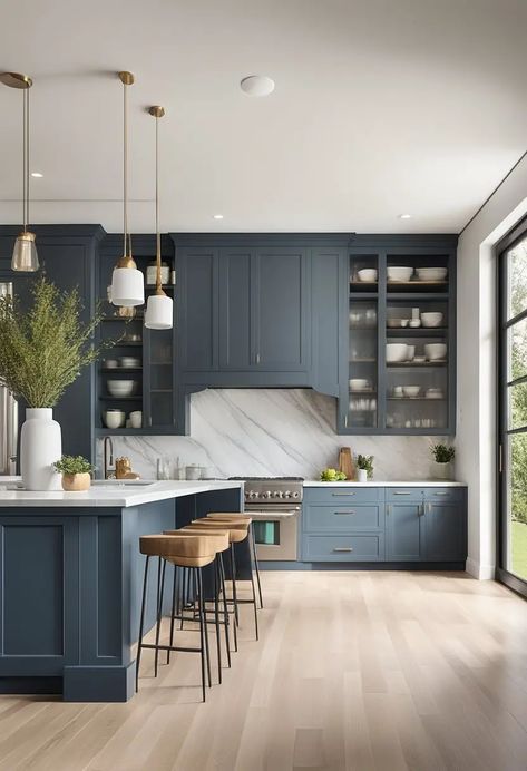 Kitchen Design With Blue Cabinets, Light Blue And Grey Kitchen, Smokey Blue Kitchen Island, Slate Blue Interior Design, Dark Grey Blue Kitchen Cabinets, Blue Moody Kitchen, Taupe And Blue Kitchen, Slate Blue Cabinets Kitchen, Blue Grey Cabinets Kitchen