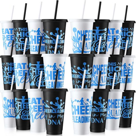 PRICES MAY VARY. What You Will Receive: our cheer gifts bulk for teams include 12 reusable cups with lids and straws, available in attractive black and white colors; These cups are ideal for practice, games, and parties, allowing everyone to enjoy their drinks in style; With enough cups for daily use and replacements, they are a must have for any cheerleading team Team Spirit: featuring a variety of stylish cheerleading patterns and inspiring slogans, these cups combine fashion and function to d Cheer Spirit Gifts Ideas Goodie Bags, State Cheer Competition Gifts, 8th Grade Sports Night Gifts, Cheer Goodie Bags, Cheer Water Bottles, Cute Cheer Gifts, Cheer Competition Gifts, Class Reunion Planning, Cheer Squad Gifts