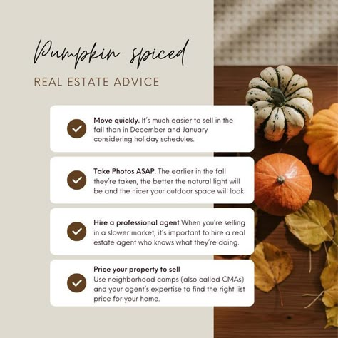 Pumpkin Spice Real Estate Advice, Real Estate October Posts, Fall Real Estate Marketing, Halloween Real Estate Posts, October Real Estate Posts, Halloween Real Estate Marketing, November Real Estate Posts, October Real Estate Marketing, November Real Estate Marketing