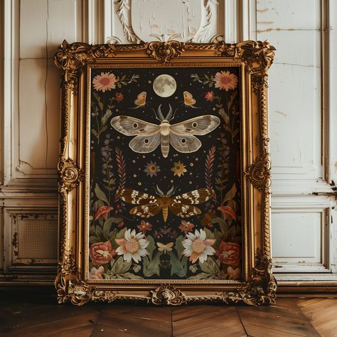 Enhance your celestial decor with this exceptional matte poster print crafted with precision and care, and designed exclusively by Madelyn Jane Creates. Inspired by master artists such as William Morris, Walter Crane, and Gustav Klimt, this vintage style print is an exceptional piece of wall art that will compliment your home or office. Perfectly capturing the essence of majestic moths under a full moon, this quality print makes a great gift for yourself, or the witchy decor lover in your life! Whimsigoth Art Prints, Vintage Art Display, Hufflepuff Home Decor, Witchy Mantel Decor, Vintage Gallery Wall Family Photos, Classy Goth Home Decor, Trendy Decor 2024, Witchy Wall Art Diy, Witchy Home Ideas