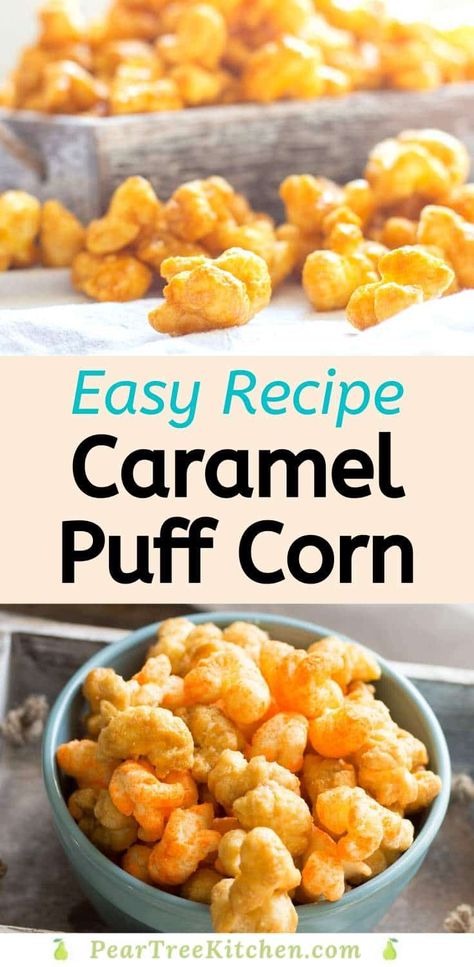 Puffcorn Recipes, Carmel Corn Recipe, Caramel Puffed Corn Recipe, Puffed Corn Recipes, Superfood Snacks, Caramel Puff Corn, Puff Corn, Recipe For Caramel, Popcorn Recipes Easy