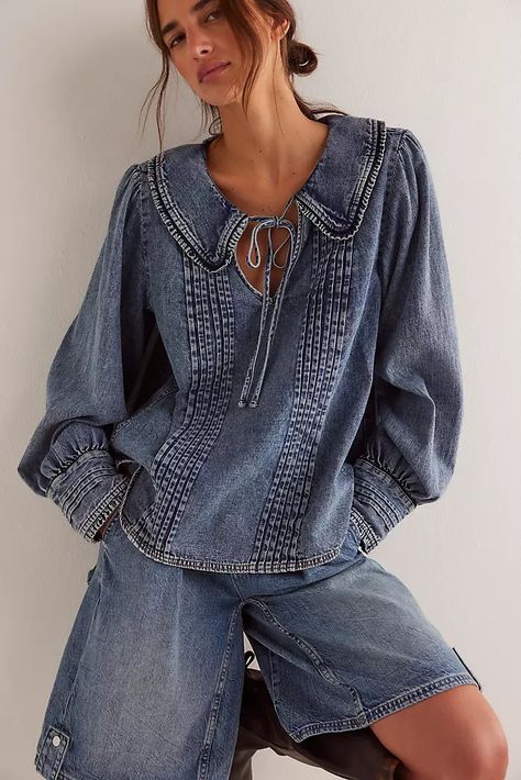 Tops | Fancy + Casual Tops | Free People Denim Shirt Style, Sailor Shirt, Denim Blouse, Denim Top, Free Clothes, Denim Shirt, Boho Outfits, Casual Tops, Shirt Style