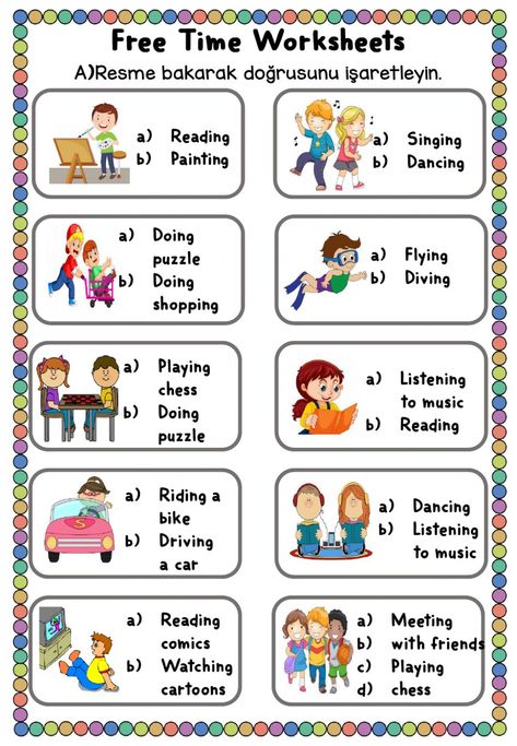 Free Time Worksheets, Freetime Activities, Free Time Activities, 19 Days Manga Español, Time Worksheets, The Worksheet, School Coloring Pages, Weekend Activities, English Lessons For Kids