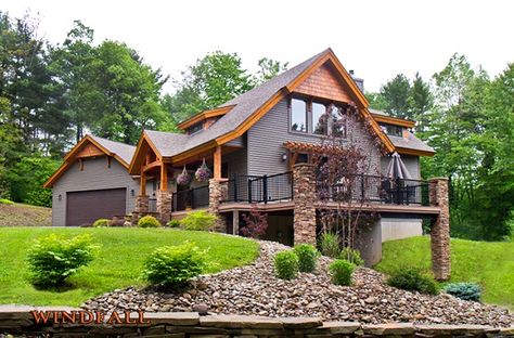 Timber Frame House | The Windfall | Timberbuilt Timber Frame Homes Exterior, A Frame With Attached Garage, Side Slope House Plan, Timber Frame Mountain Home, Gray Siding, Rustic Lake Houses, Timber Frame House, Lake Houses Exterior, Rustic Exterior