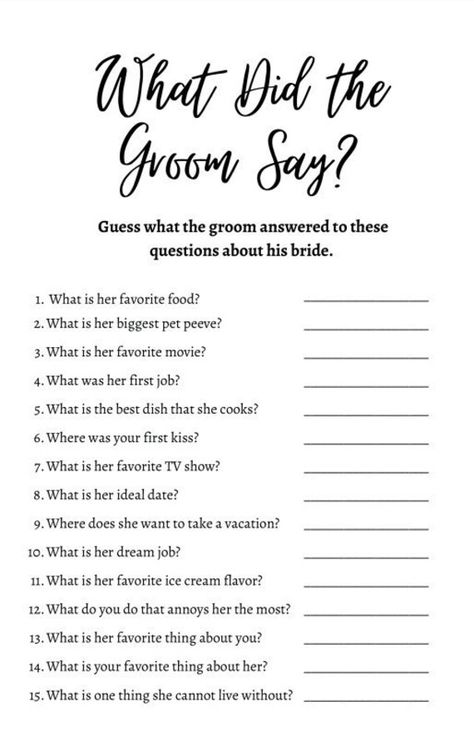 Can the guests of your bridal shower guess how the groom would answer these questions about his bride? Does he know her favorite movie, color, or food and more, and will your guests? This is the perfect game to use to get your guests talking and having fun! This will give you instant access to a pdf of the game sheets and the answer key. There are two per sheet. You will be able to print this file at your house or at a print shop.  NOTHING will be shipped as this listing is for a digital file. Does The Groom Know The Bride, Does The Groom Really Know The Bride, What Did The Groom Say Game, Bridal Shower Games Funny, Bridal Party Games, Bachelorette Party Planning, Wedding Shower Games, Future Wedding Plans, Perfect Game