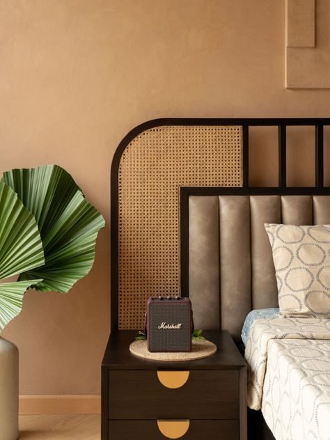 The Melange Studio designs Kanso House | Habitus Living Rattan Inspired Bedroom, Cane Bed Design, Rattan Furniture Bedroom, Cane Beds, Cane Headboard, Rattan Bedroom, Calm Room, Partition Designs, Head Boards