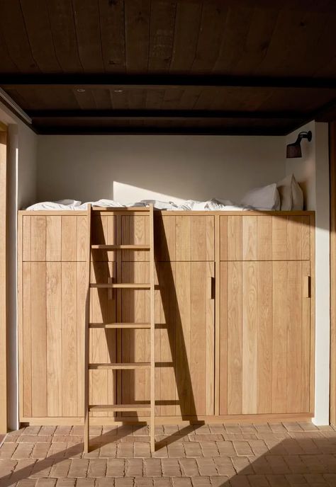 Minimalist bunk bed with built-in storage at Vipp Cold Hawaii - a design-led coastal hideaway in Denmark | These Four Walls blog Mezzanine Bed, Oak Cupboard, Brick Flooring, Hall Design, Hus Inspiration, Decoration Inspiration, Exposed Brick, Hotels Design, Bed Storage