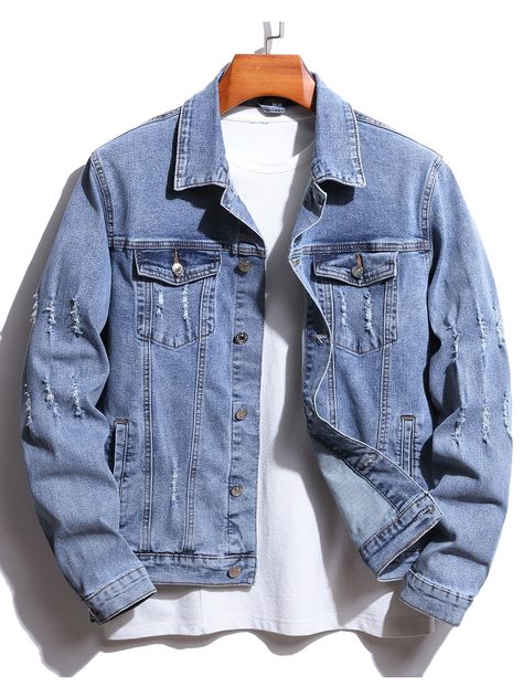 Light Wash Casual  Long Sleeve Denim Plain Other Embellished Slight Stretch  Men Denim Jacket Jeans Outfit Men, Jeans Jacket Outfit Men, Jacket Jeans Outfit, Jean Jacket Outfits Men, Denim Jacket For Men, Jeans Outfit For Work, Mens Denim Jacket, Jaket Denim, Jean Short Outfits