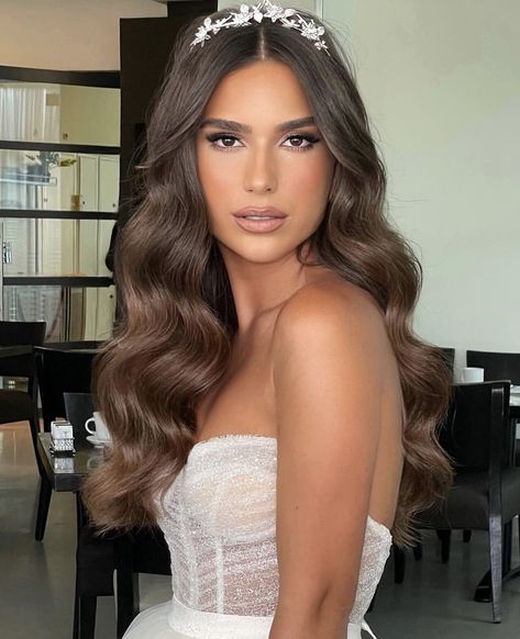 Wedding Hair Down With Headpiece, Wavy Hairstyles With Headpiece, Wedding Hairstyles For Bride With Crown, Hollywood Waves Centre Part, Hair For Wedding Bride Down, Bridal Hairstyles Down Middle Part, Bride Hair Down With Veil Long Curly, Wedding Hairdo Down, Long Curled Bridal Hair