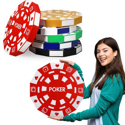 PRICES MAY VARY. Casino Themed Chips: you will receive 6 large chip casino party decoration boxes with one chip of each color and easy assembly instructions; The large casino theme chip decoration box can be applied for casino birthday decorations, casino party decorations, black and red party casino night, or other themed birthday party decorations Suitable Size: each casino decor chip decoration box measures about 15.7 x 15.7 x 2 inches, which is suitable for placing anywhere you want to place