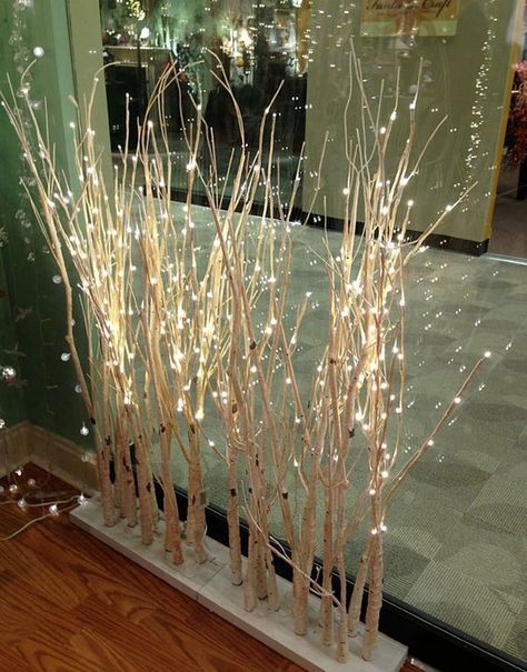 Check out these lighted birch branches on a stand. They carry 150 battery LED lights. Takken Decor, Tree Branch Decor, Lighted Centerpieces, Walking Path, Diy Lampe, Lighted Branches, Winter Wedding Decorations, Autumn Lights, Branch Decor