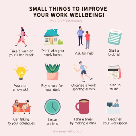 Small Things to Improve Your Work Wellbeing - Make it DRIVE Wellbeing At Work Ideas, Mental Health Activity Ideas For Work, Ways To Improve Mental Health, Workplace Wellbeing, Mental Health At Work, Wellbeing Activities, Floating Deck, Workplace Wellness, Health Activities