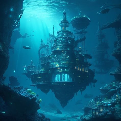 Undersea Kingdom Aesthetic, Fantasy Sea Kingdom, Under Water City Fantasy Art, Fantasy Water Kingdom Aesthetic, Water Town Fantasy Art, Ocean Kingdom Fantasy Art, Underwater Castle Fantasy Art, Underwater Palace Fantasy Concept Art, Water World Fantasy Art