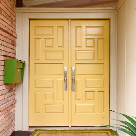 75 Mid-Century Modern Front Door Ideas You'll Love - February, 2024 | Houzz Mid Century Front Door Ideas, Front Door 70s House, Yellow Door Brick House, Mid Century Door Colors, Mid Century Entry Door, Bright Front Door Colors With Red Brick, Mid Century Shutters, Mid Century Closet Doors, 1970s Front Door