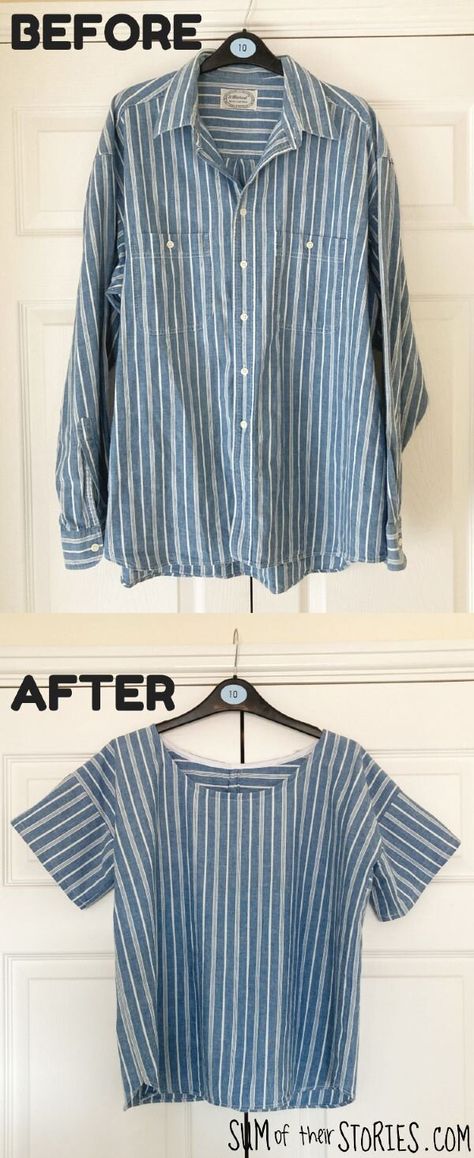 How to sew a simple top from a men's button down shirt Easy To Make Tops For Women, Diy Men Shirt To Womens, Make A Pattern From Clothes, Button Up Shirt Diy Upcycling, Upcycling Mens Shirts For Women, Upcycled Mens Shirts For Women, Sew Simple Top, Upcycled Button Down Shirt, Upcycle Button Down Shirt