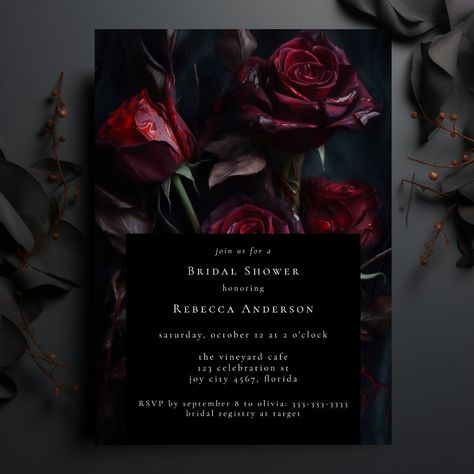 Dark Moody Black Gothic Red Roses Bridal Shower Invitation Gothic Reception, Gothic Bridal Shower Ideas, Moody Oil Painting, Moody Wedding Invitations, Dark Romantic Wedding, Gothic Wedding Invitations, Romantic Bridal Shower, Dark Wedding Theme, Dutch Masters