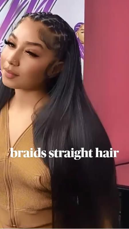 Braids Straight Hair, Sew In Straight Hair, Straight Hair With Braid, Sleek Ponytail Hairstyles, Straight Weave Hairstyles, Feed In Braids Hairstyles, Quick Weave Hairstyles, Box Braids Hairstyles For Black Women, Braided Cornrow Hairstyles