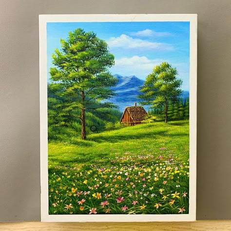 #diyhomedecor #wood 
#creative #sewing 
#instagood #d 
#fashion #diycrafts 
#interior #smallbusiness 
#diyproject #handmadewithlove 
#artist #crafting Acrylic Scenery Painting, Intermediate Acrylic Painting, Hill Painting, Beginners Acrylic Painting, Art Mini Toile, Poster Color Painting, Painting On Canvas For Beginners, Easy Landscape Paintings, House On The Hill