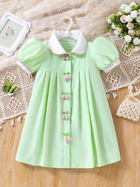 Young Girl Countryside Vacation Woven Colorblock Dress With Ruched Peter Pan Collar, Puff Sleeves, Pleats And Cherry Embellishment, Spring/Summer Green Cute  Short Sleeve Woven Fabric Colorblock,Plants Smock Non-Stretch  Young Girls Clothing, size features are:Bust: ,Length: ,Sleeve Length: Cambric Fabric Dresses, Cotton Frocks For Kids, Kids Dress Collection, Kids Dress Patterns, Countryside Vacation, Peter Pan Collar Dress, Girls Frock Design, Summer Green