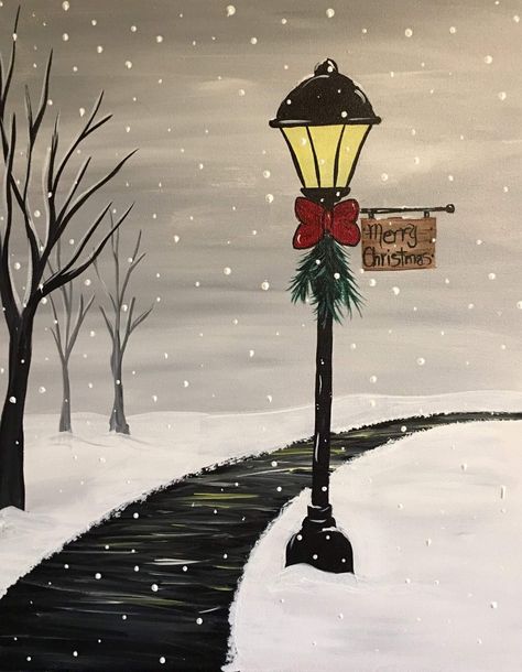 Christmas Backgrounds Drawings, Christmas Lantern Painting, Christmas Acrylic Art Canvas Ideas, Winter Lamp Post Painting, Christmas Paintings On Canvas Aesthetic, Christmas Scenery Paintings Easy, Cute Winter Paintings, Christmas Landscape Drawing, Christmas Painting Ideas On Canvas Easy