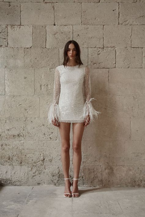 Wedding Dress For Women, Modern Bridal Gowns, Beaded Feather, Sequin Short, Wedding Dress Fabrics, Mini Robes, Long Sleeve Sequin, Sequin Shorts, Modern Bridal