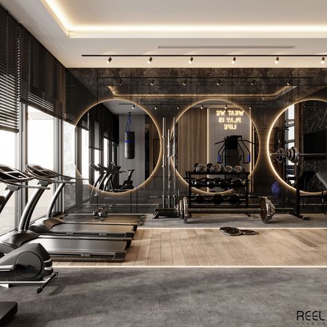 Modern Gym on Behance Fancy Gym Interior, Beautiful Gym Design, Gym Luxury Interior, Modern Fitness Gym Interior Design, Luxury Workout Room, Hotel Fitness Interior, Hotel Gym Interior Design, High End Gym Interior Design, Gym Room Luxury