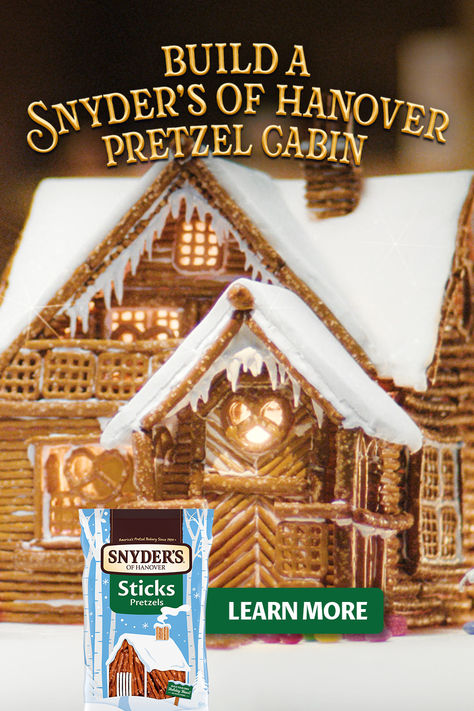 A delicious Frosted Chalet made out of Snyder's of Hanover pretzels. Pretzel Cabin, Pretzel Gingerbread House, Christmas Pretzels, Gingerbread People, Christmas Prep, Candy House, Cabin Christmas, Holiday Snacks, Christmas Gingerbread House