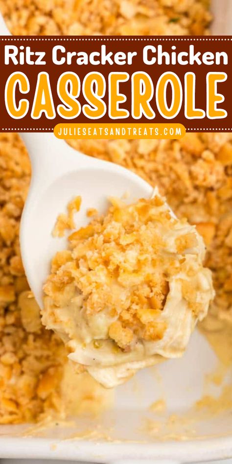 Looking for a delicious and easy dinner recipe? Try this Ritz Cracker Chicken Casserole with a crispy, buttery topping and creamy shredded chicken. You’ll have this crowd-pleasing dish on the table in no time! Creamy Shredded Chicken, Cracker Chicken Casserole, Ritz Cracker Chicken Casserole, Ritz Chicken Casserole, Chicken And Sauce, Ritz Chicken, Ritz Cracker Recipes, Ritz Cracker Chicken, Cracker Chicken