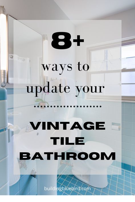 Vintage Bathroom Update, Blue Tile Bathroom Vintage, Vintage Blue Tile Bathroom, Yellow Tile Bathroom Ideas, Retro Blue Bathroom, Bathroom Wall Decorations, Square Tile Bathroom, Yellow Tile Bathroom, Wall Decorations Ideas