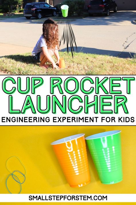 This experiment utilizes potential and kinetic energy to blast our plastic cup rocket off. By pressing down on the rocket, we are building potential energy that is converted into kinetic energy when we let go and let our rocket fly. "GO" for launch in 3, 2, 1... BLAST OFF! Kinetic Energy Activities, Potential And Kinetic Energy, School Age Activities, Science Week, Science Camp, Diy Science Experiments, Summer Science, Engineering Activities, Science Experiments For Preschoolers