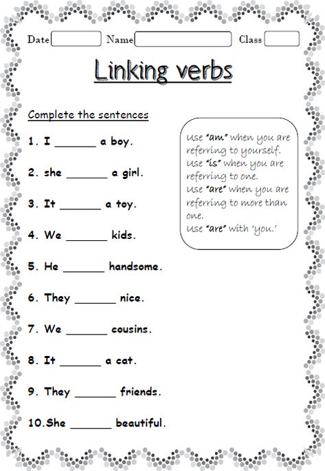 Linking Verb Worksheet for kids Linking Verbs Worksheet Grade 3, Types Of Verbs Worksheet, Verbs Worksheet For Kindergarten, Linking Words Worksheets, 2nd Grade English Worksheets, 2nd Grade English, Linking Verbs Worksheet, Helping Verbs Worksheet, Sensory Words