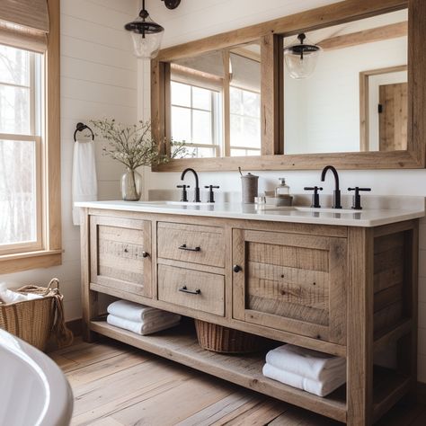 Farmhouse Double Vanity, Wood Double Vanity, Modern Farmhouse Bathroom Ideas, White Oak Kitchen, Custom Bathroom Vanity, Bathroom Vanity Designs, Rustic Bathroom Vanities, Miller Homes, Wood Bathroom Vanity