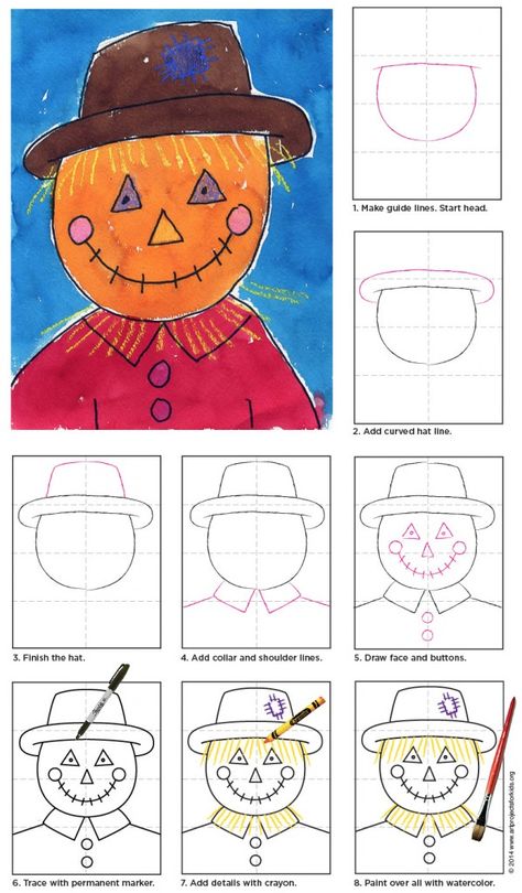 Draw a Scarecrow. PDF tutorial download available. #howtodraw #scarecrow Art Plastique Halloween, Trin For Trin Tegning, Scarecrow Face, First Grade Art, Halloween Art Projects, October Art, 2nd Grade Art, Fall Art Projects, Fall Kindergarten