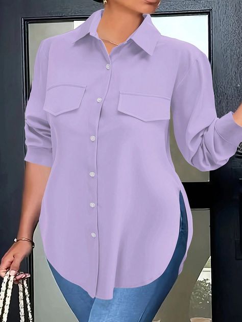 Plus Size Women Fashionable And Elegant Slim-Fit Solid Color Ladies Shirt Purple Casual  Long Sleeve Woven Fabric Plain Shirt Non-Stretch  Women Plus Clothing, size features are:Bust: ,Length: ,Sleeve Length: Corporate Wear, Casual Shirt Women, Plain Shirt, Plain Shirts, Slim Fit Shirt, Plus Size Blouses, Sleeves Pattern, Casual Shirt, Long Sleeve Casual