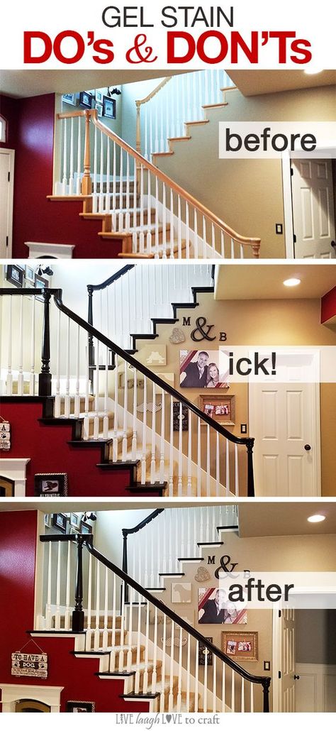 After months of admiring this amazing gel stain makeover over at Remodelaholic, I finally had a stretch of time off work long enough to dive right in and tackle this project in my home. (My office … Gel Stain Banister Stairs, Stained Stair Railing, Paint For Stairs Staircases, Stair Case Remodel Ideas, Staining Banister, Gel Stain Staircase, Gel Stain Banister, Painted Balusters, Stain Staircase