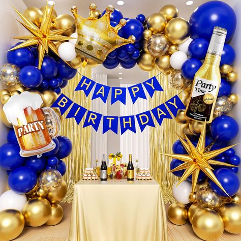 PRICES MAY VARY. Package Include: 56pcs royal blue balloons (1pcs 18inch, 10pcs 12inch, 15pcs 10inch, 30pcs 5inch), 21pcs metallic gold balloons(1pcs, 18inch, 10pcs, 10inch, 10pcs, 5inch), 30pcs 5inch white balloons, 5pcs 12inch gold confetti balloons, 2pcs 22inch gold starburst balloons, 1pcs 17x35inch foil balloon, 1pcs 17.7x23.6inch mug cheers balloon, 1pcs 24inch gold Headwear Balloons, 1pcs happy birthday banner, 1pcs roll glue dot, 1pcs decorating strip , 1pcs black ribbons Great Quality:A Blue White And Gold Party Decor, 60th Birthday Decorations For Men, Beer Balloon, Snowflake Birthday Party, Gold Birthday Party Decorations, Gold Birthday Decorations, Blue Party Decorations, 60th Birthday Decorations, Birthday Decorations For Men