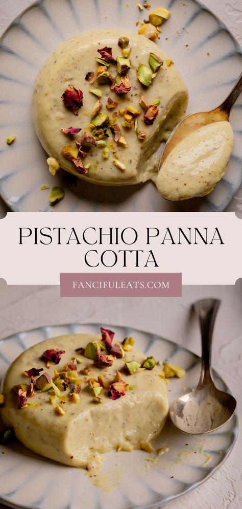 Pistachio Panna Cotta. Pistachio Dessert, Pistachio Recipes, Pistachio Butter, Panna Cotta Recipe, Comfort Desserts, Dessert Recipies, Mousse Recipes, Bakery Recipes, Foods With Gluten