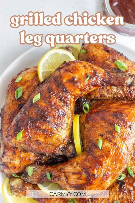 These grilled chicken leg quarters are juicy, tender, and oh so flavorful! Coated in with oil and a simple seasoning mix, grilled until deliciously golden, and then finished off with bbq sauce brushed on top, these grilled chicken legs are a perfect addition to any cookout! Grilled Chicken In Air Fryer, Grilled Chicken Leg Quarters, Chicken Quarter Recipes, Chicken In Air Fryer, Chicken Leg Quarter Recipes, Grilled Chicken Sandwich Recipes, Grilled Chicken Legs, Grilled Chicken Breast Recipes, Grilled Chicken Sandwich