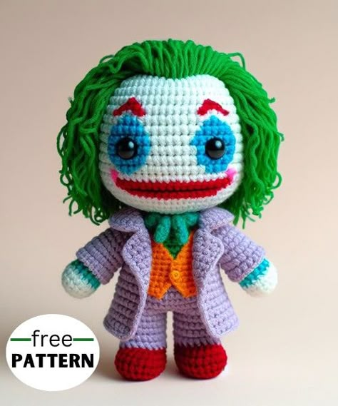 Joker Amigurumi Pattern Amigurumi Pattern Free, فن الرسم بالمسامير, Crochet Batman, Knitting Patterns Free Dog, Creepy Creatures, Halloween Villain, Funny Characters, Crochet Toys Free Patterns, Crochet Doll Tutorial