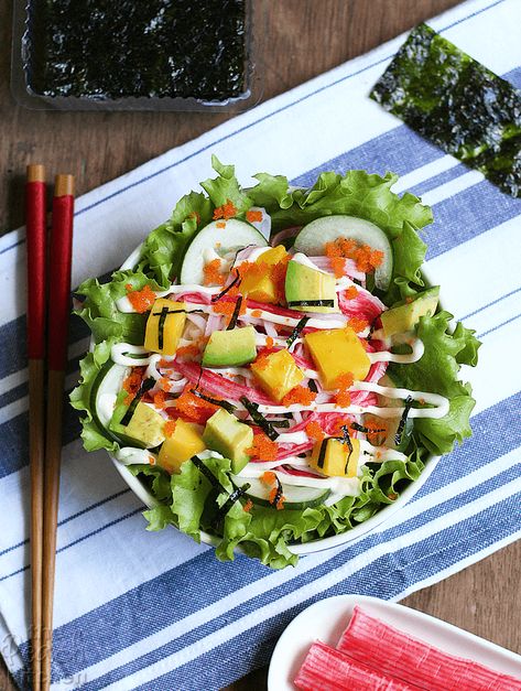 Kani Salad Plating Ideas, Mango Kani Salad, Japanese Crab Salad, Kani Salad Recipe, Salad Plating, Salad Japanese, Avocado And Cucumber, Kani Salad, Lettuce Vegetable