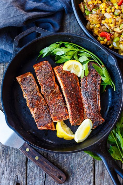 Blackened Salmon Recipes, Cajun Spices, Grilled Broccolini, Salmon Filets, Lemon Garlic Pasta, Homemade Cajun Seasoning, Salmon Sandwich, Blackened Salmon, Salmon Seasoning