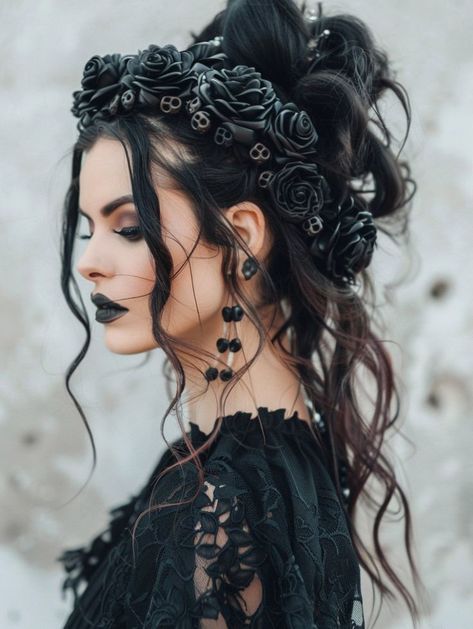 Victorian Style Hair Styles, Wedding Hair Accessories For Bride, Wedding Hairstyles With A Crown, Bridal Hair Styles With Tiara, Gothic Wedding Hair Styles, Gothic Bride Hair, Black Curls Aesthetic, Halloween Wedding Hair, Wedding Hair Goth